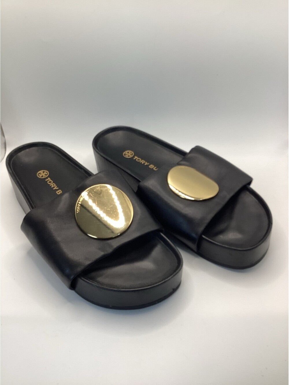 Tory Burch Patos Platform Sandals Slides Black Gold Size 7